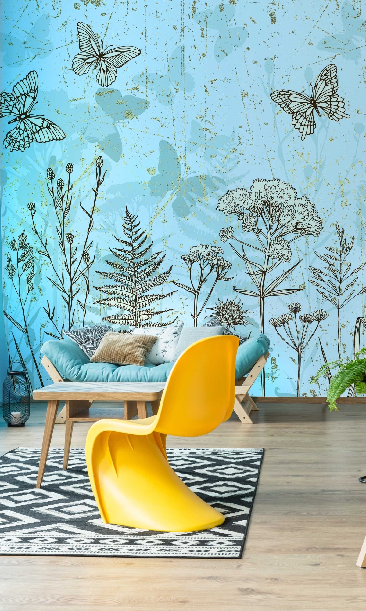 Blue Plants and Butterflies Mural Wallpaper M1427