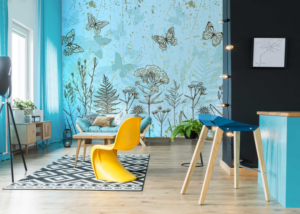 Blue Plants and Butterflies Wall Mural M1427