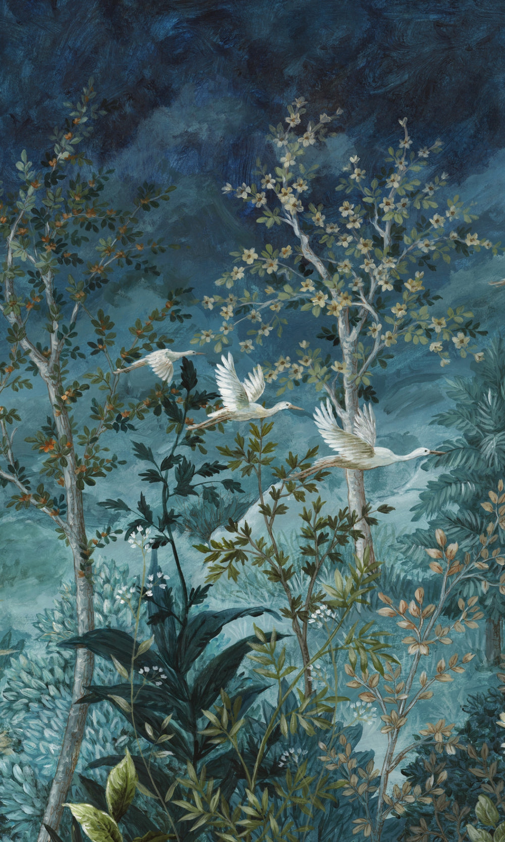 Blue Towering Trees and Midnight Sky Tropical Wallpaper RM9010