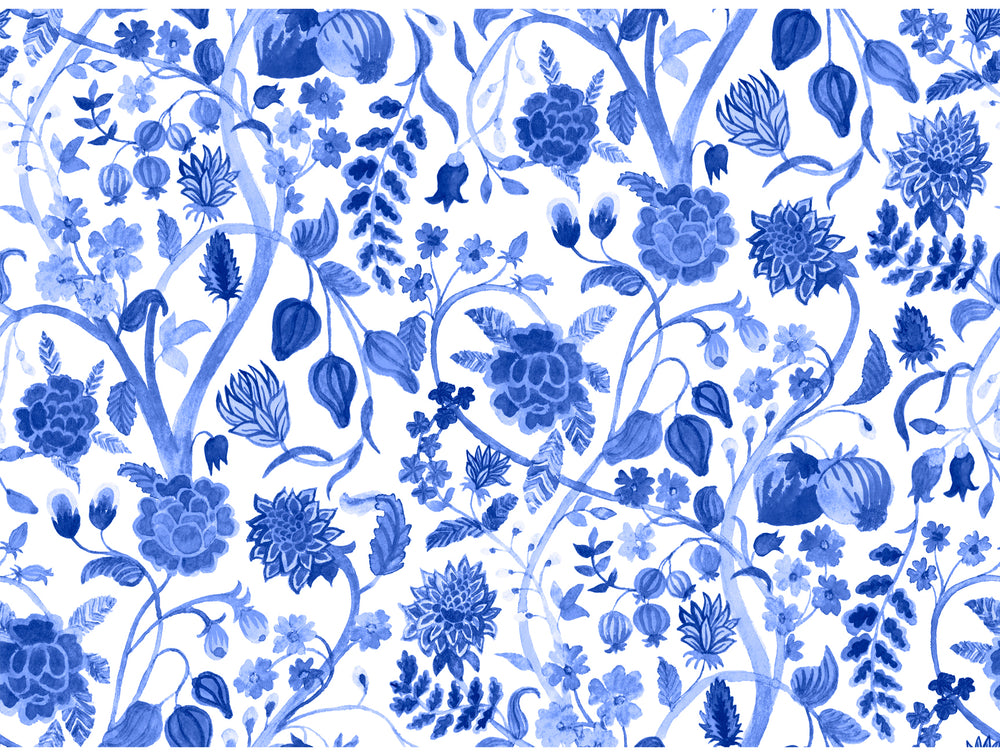 Blue Watercolor Chinoiserie Wall Mural M1400