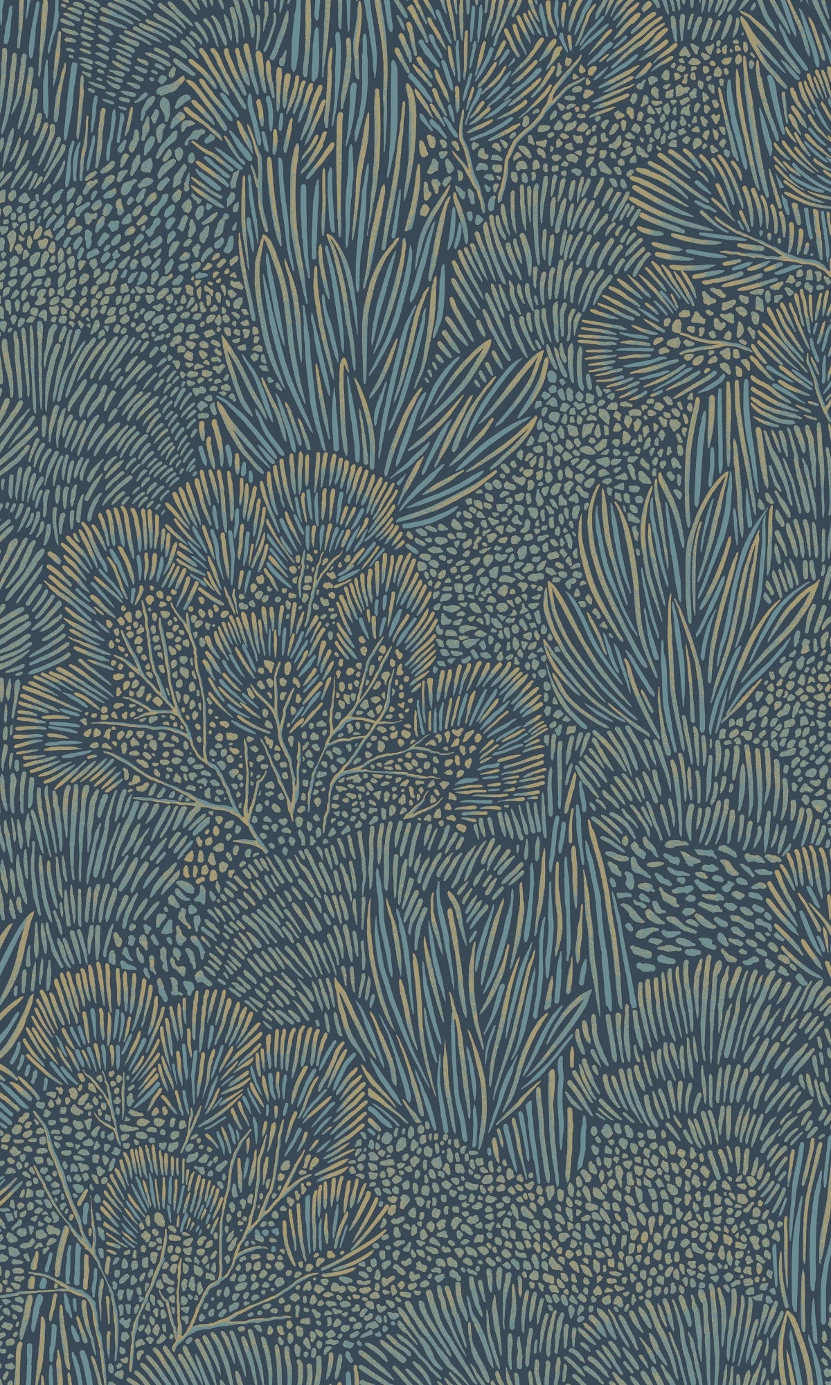 Blue & Gold Embossed Leaves & Trees Tropical Wallpaper R9097