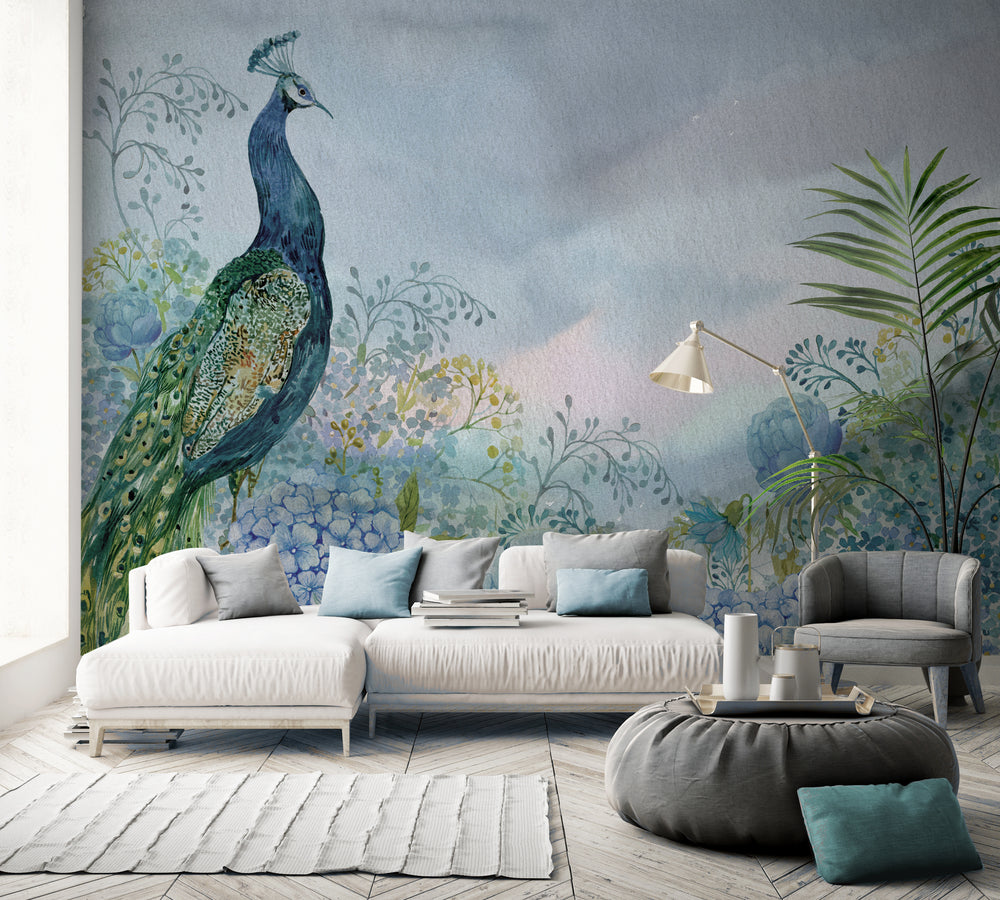 Blue Peacock in the Flower Garden Wall Mural M1155