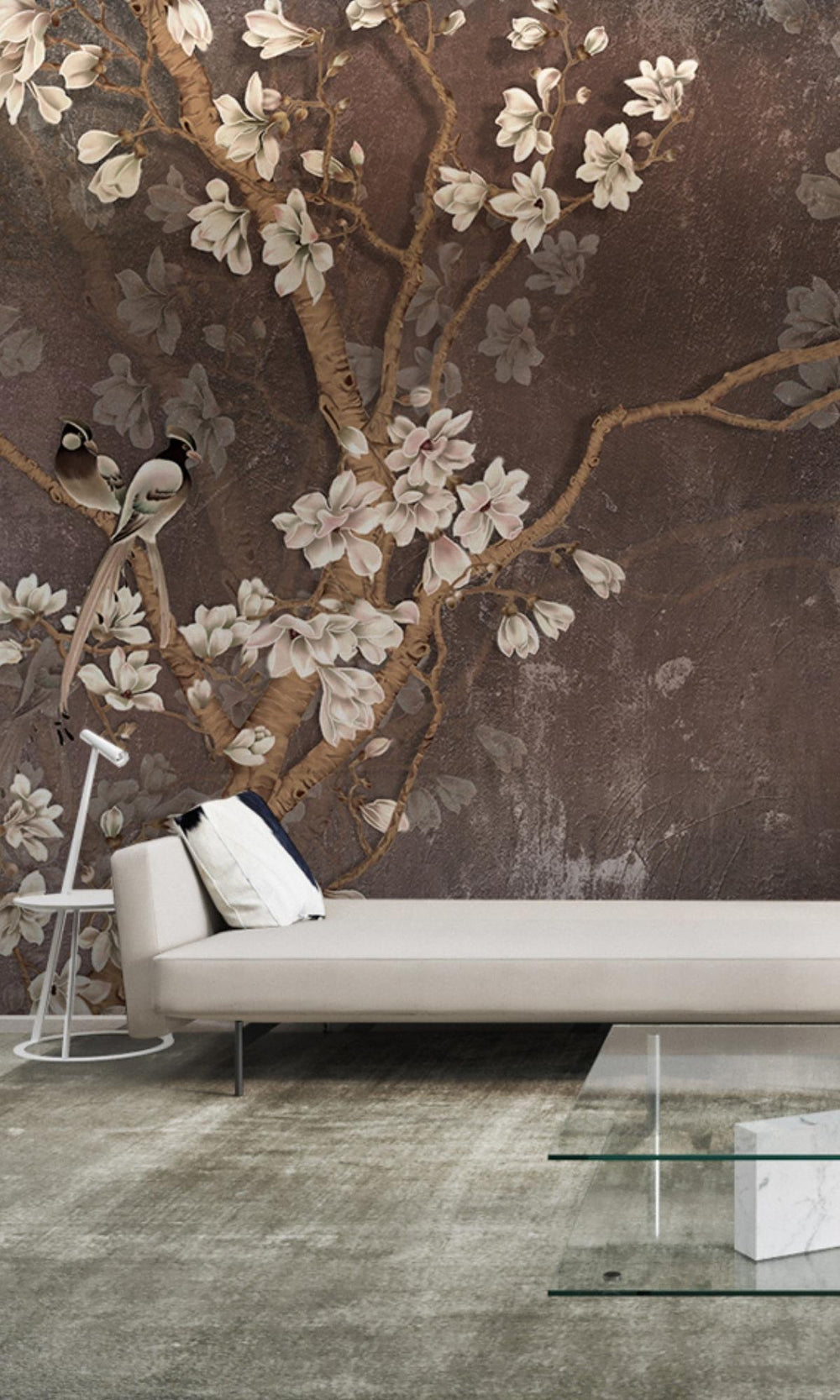 Brown White Blooms Mural Wallpaper M1152