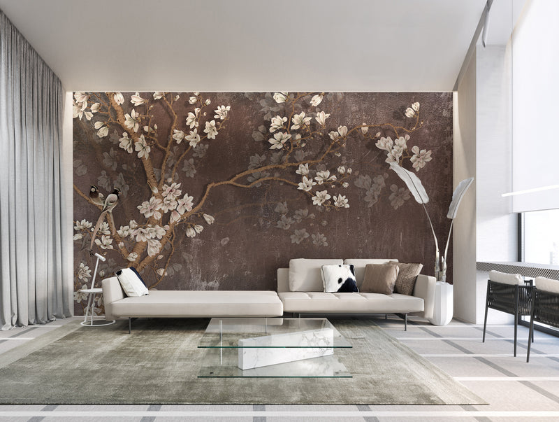 Brown White Blooms Mural Wallpaper M1152