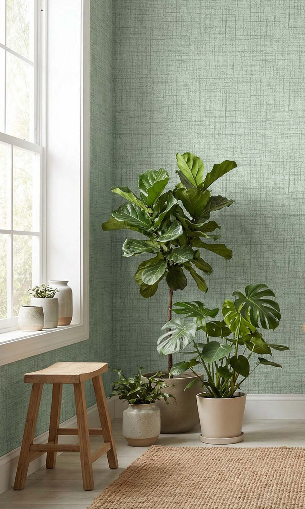 Spanish Green Faux Woven Linen Commercial Wallpaper C7835