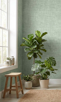 Spanish Green Faux Woven Linen Commercial Wallpaper C7835