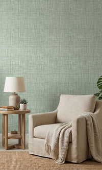 Spanish Green Faux Woven Linen Commercial Wallpaper C7835