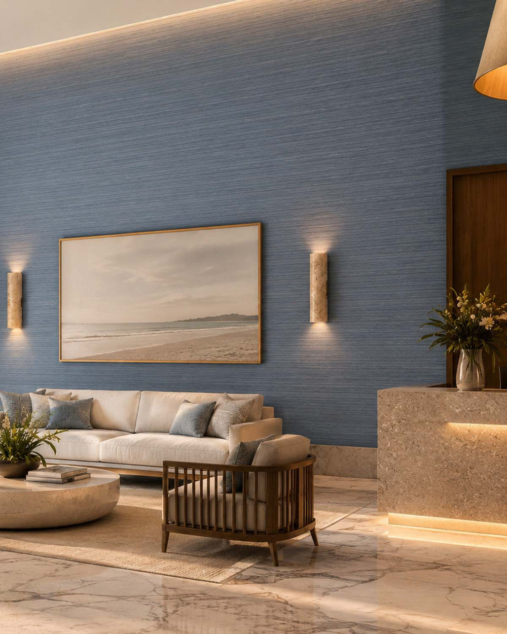 Taliesin Blue Faux Silk Weave Commercial Wallpaper C7922