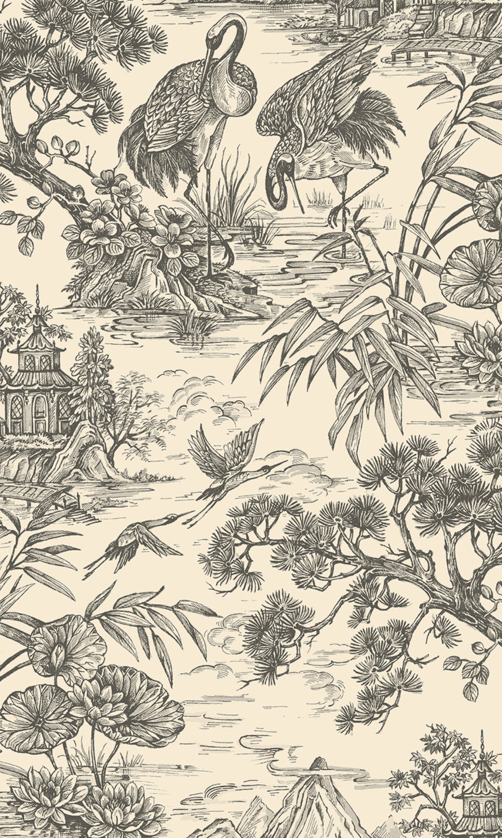 Charcoal Cream Majestic Crane Tropical Wallpaper R8971