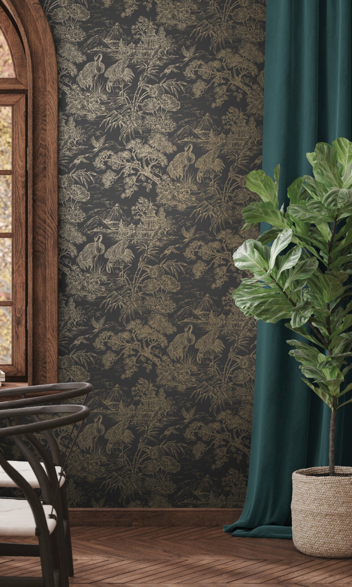 Charcoal Gold Majestic Crane Tropical Wallpaper R8969