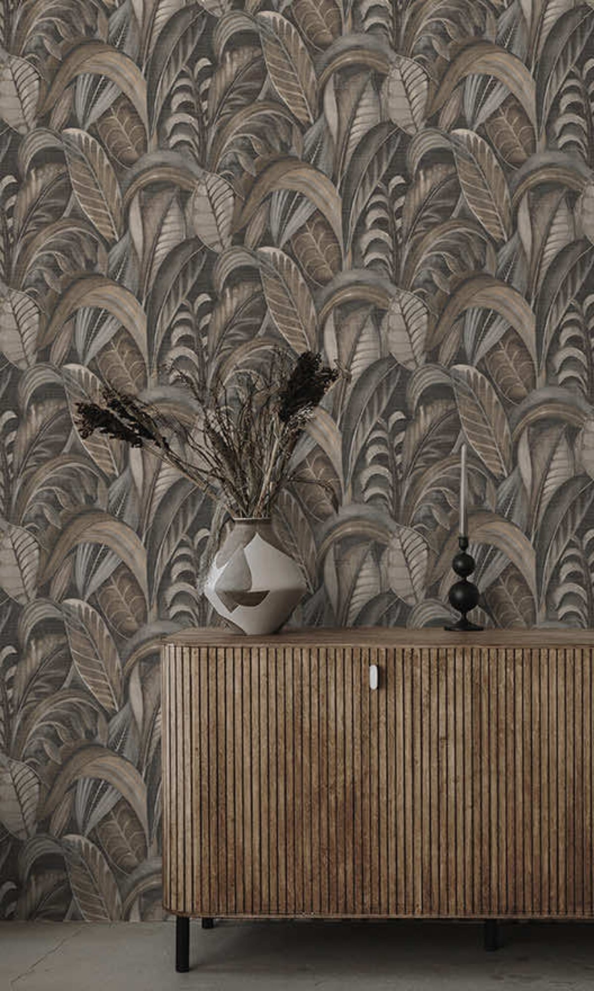 Charcoal Palm Leaf Textured Wallpaper R8420