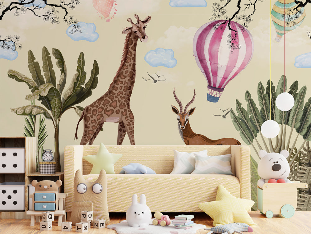 Colorful Balloons and Giraffe Mural Wallpaper M1462