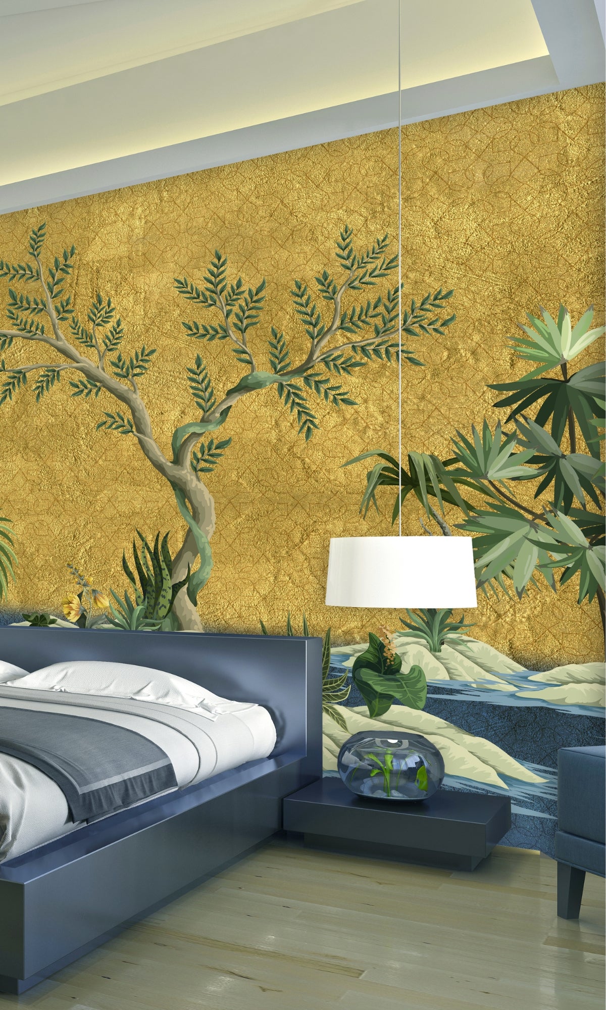 Colorful Golden Garden with a Pelican Mural Wallpaper M1444