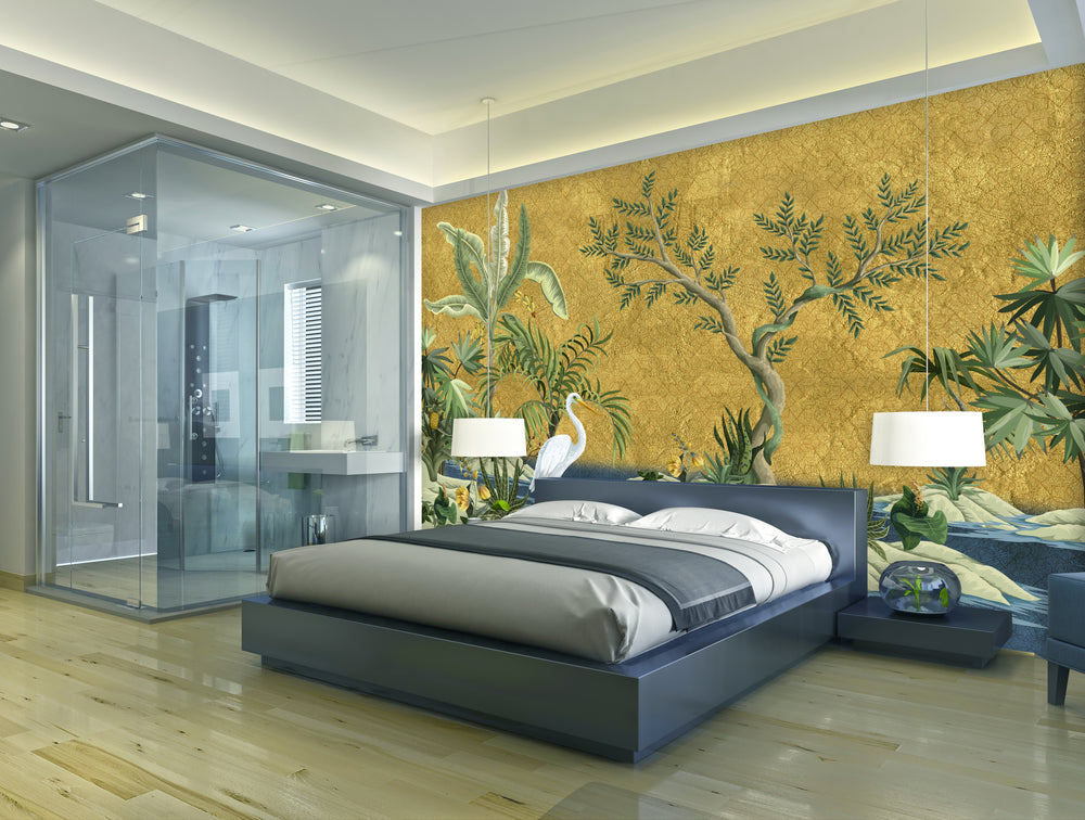 Colorful Golden Garden with a Pelican Mural Wallpaper M1444