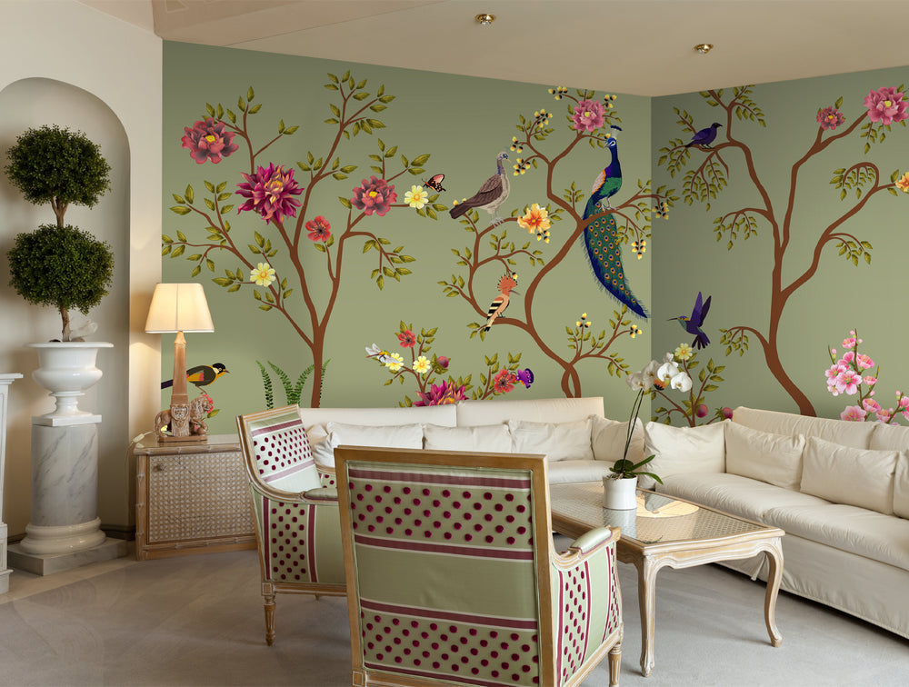 Colorful Peacock in Garden Mural Wallpaper M1435