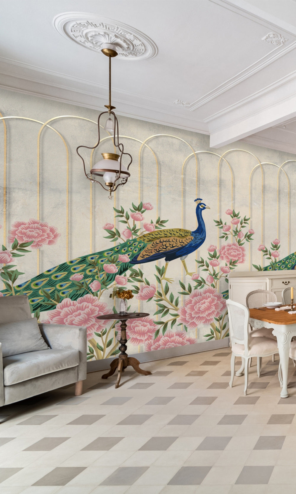 Colorful Peacocks and Roses Mural Wallpaper M1437