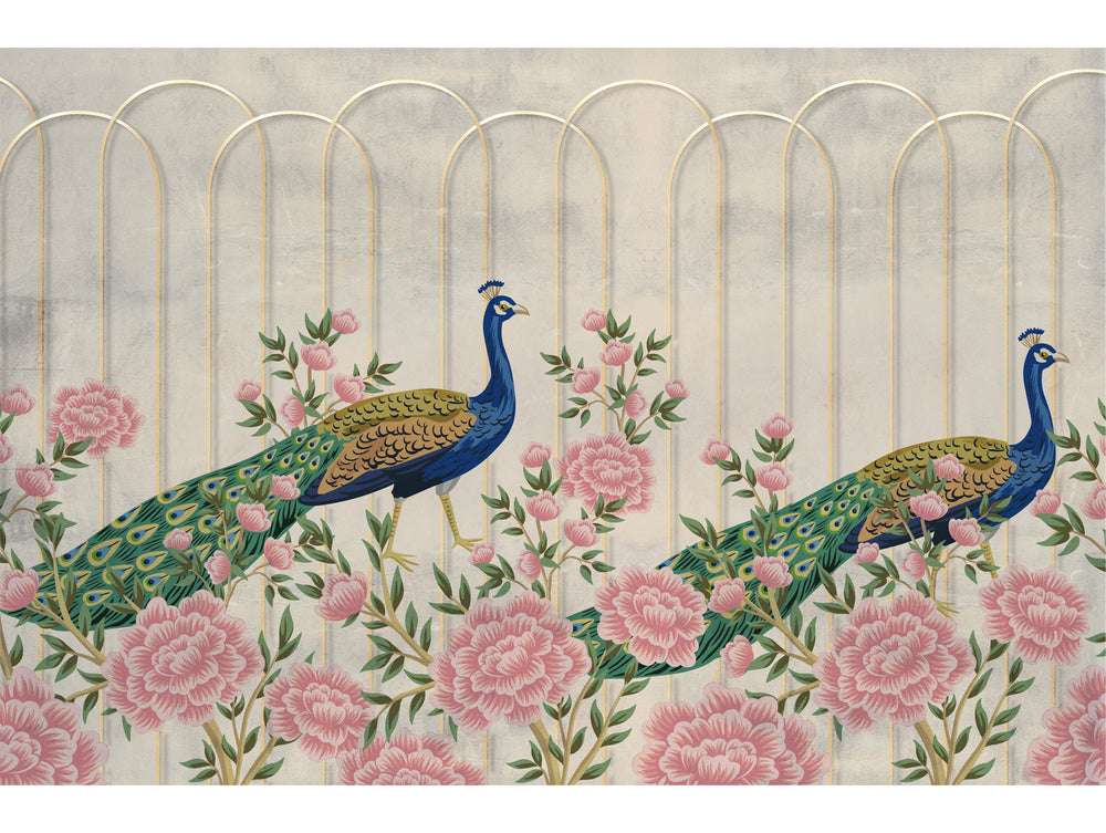 Colorful Peacocks and Roses Mural Wallpaper M1437