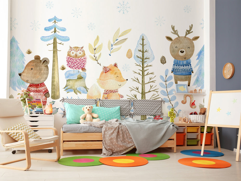 Colorful Watercolor winter Forest Mural Wallpaper M1458