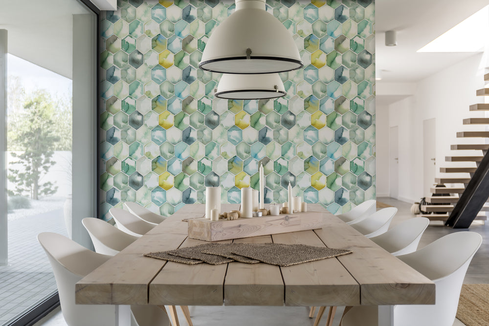 Colourful Hand painted Watercolour Hexagon Honeycomb Mural Wallpaper M1312