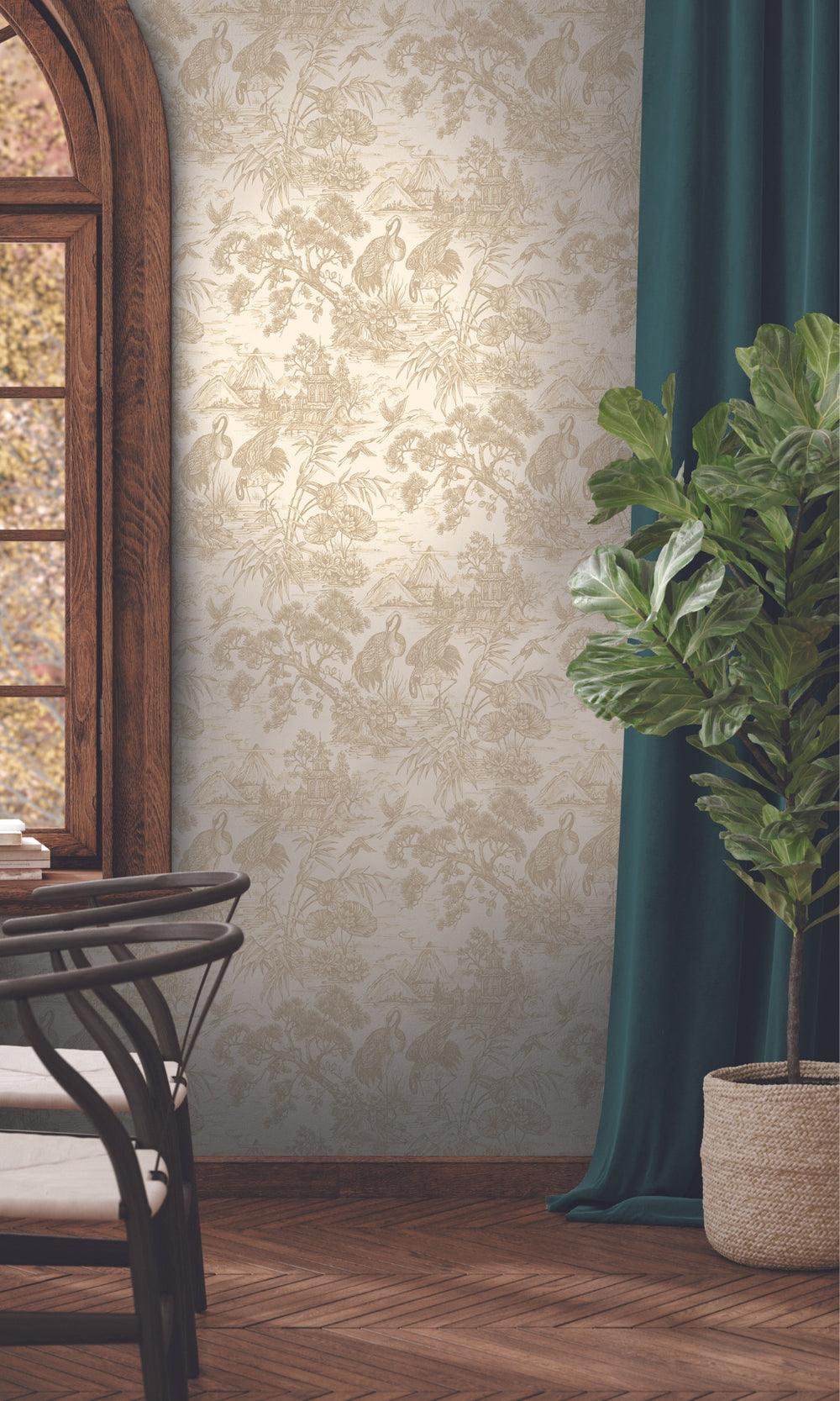 Cream Majestic Crane Tropical Wallpaper R8968