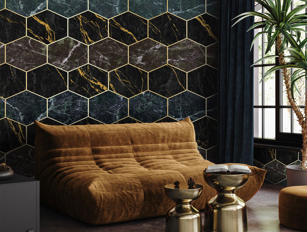 Dark Green Geometric Marble Mural Wallpaper M1251
