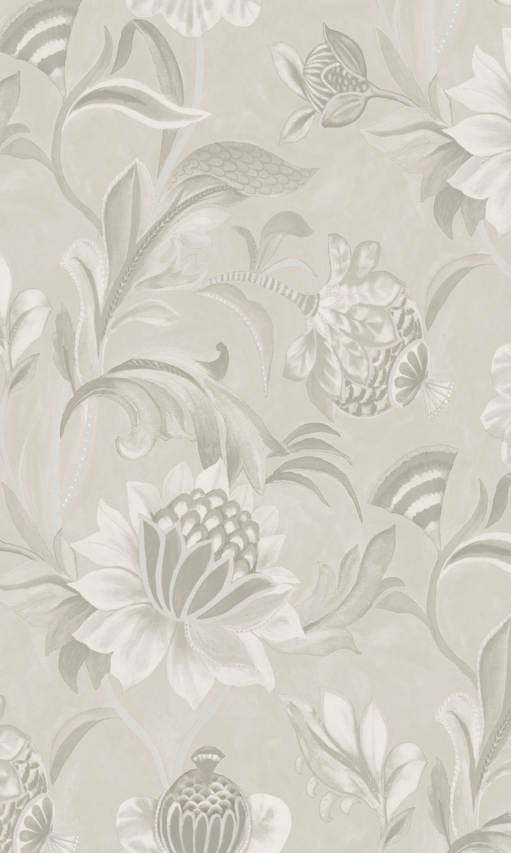 Dove Grey Jacobean Style Floral Wallpaper R8942