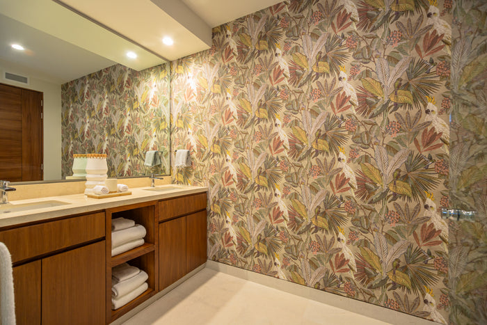 Custom wallcovering on hotel guest-room walls
