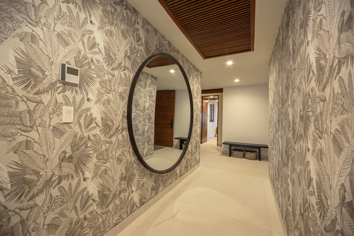 Finished wallcovering in a hospitality lobby