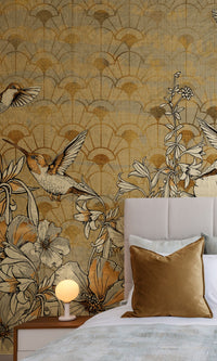 Gold Art deco with Flowers Mural Wallpaper M1205
