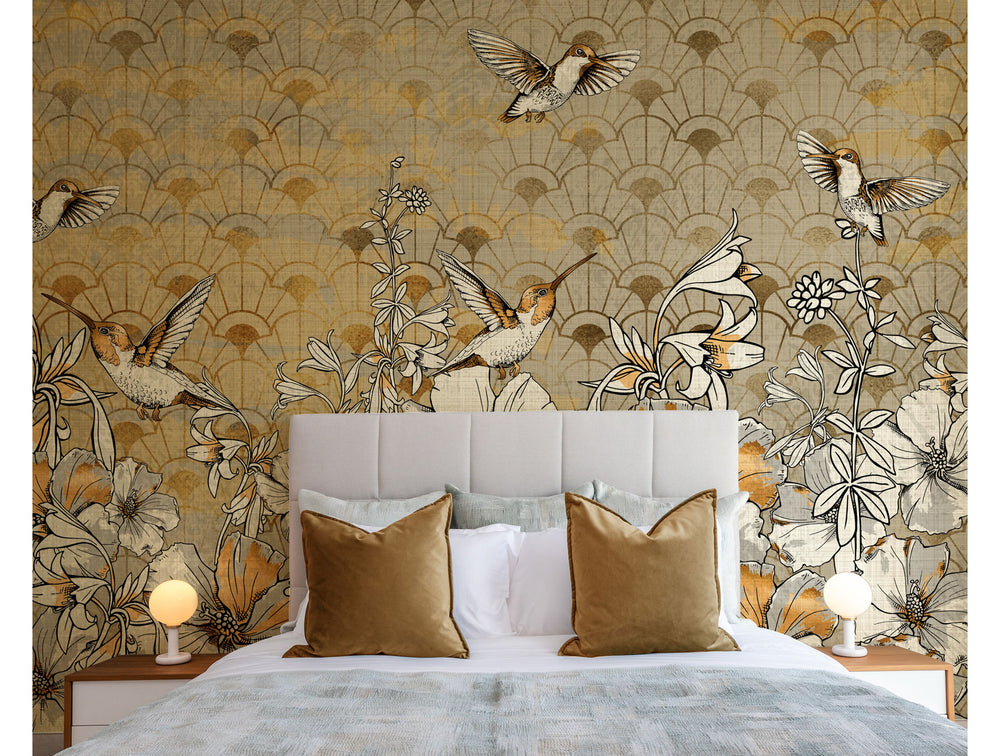 Gold Art deco with Flowers Mural Wallpaper M1205