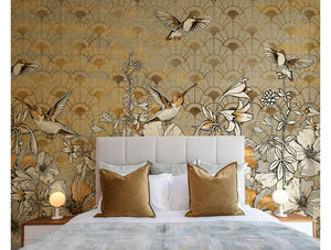 Gold Art deco with Flowers Mural Wallpaper M1205