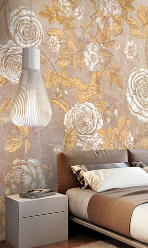 Gold Beautiful Floral Mural Wallpaper M1213