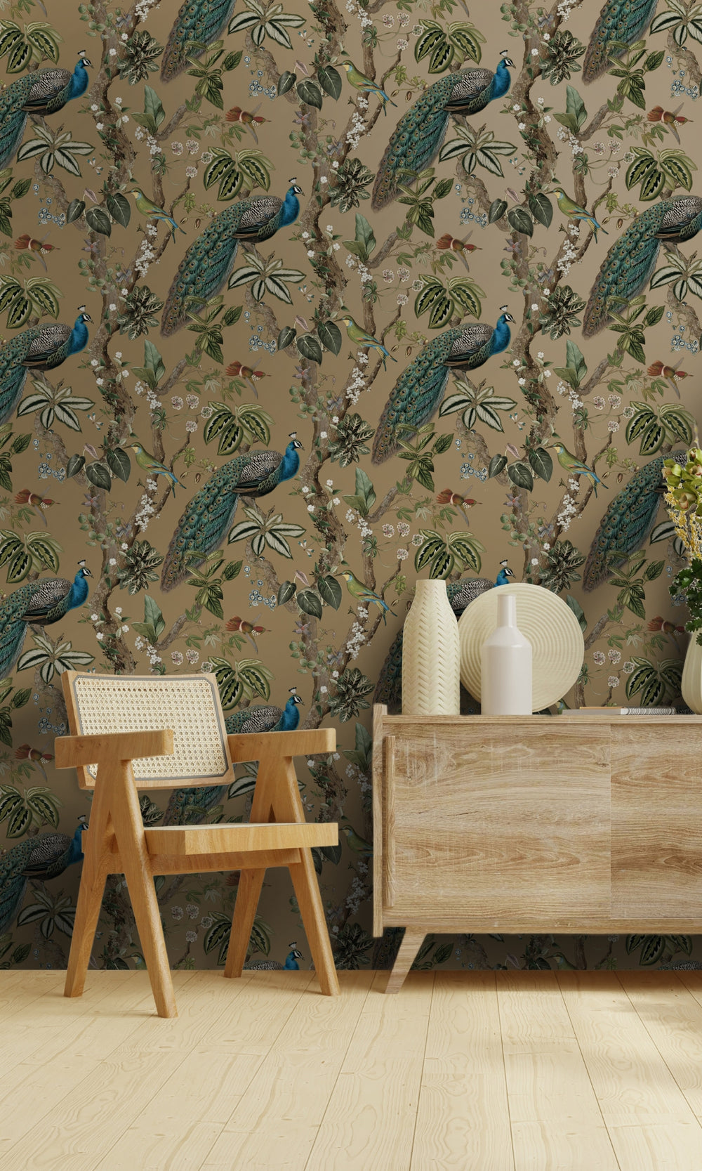 Gold Climbing Peacock & Climbing Florals Tropical Wallpaper, flock wall paper, flock wallpaper, vintage flock wallpaper, contemporary flock wallpaper, modern flock wallpaper, flock wallpaper for homes, flock wall d‚àö¬©cor, flock wall covering
