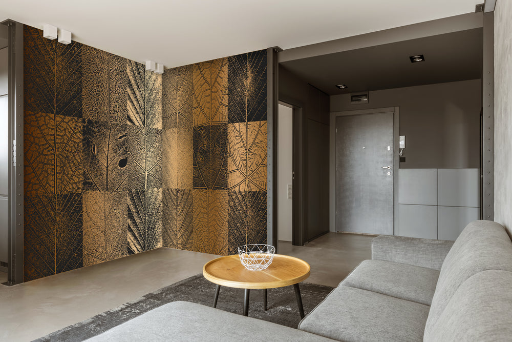 Gold Metal Tree Leaves Mural Wallpaper M1293
