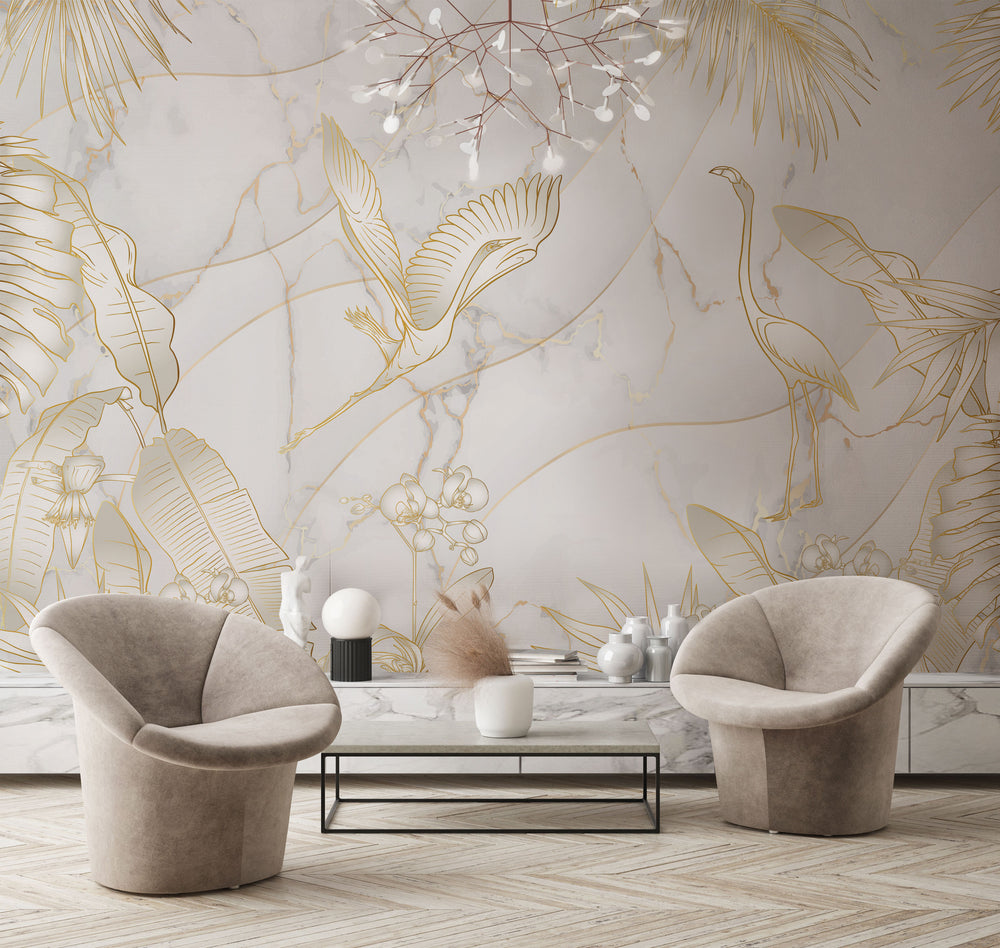 Gold Orchids and Birds Mural Wallpaper M1410