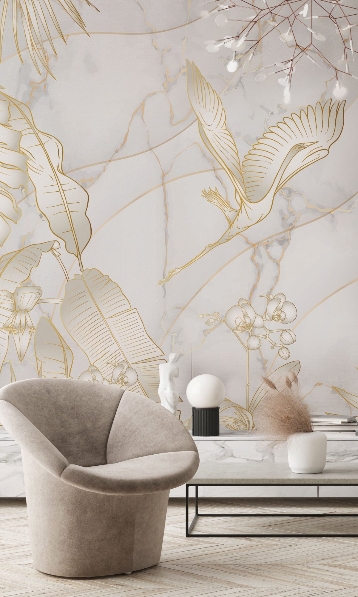 Gold Orchids and Birds Mural Wallpaper M1410