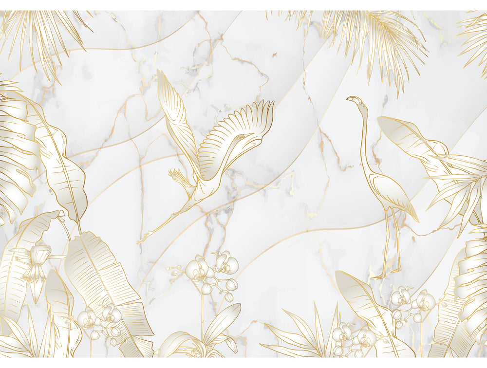 Gold Orchids and Birds Mural Wallpaper M1410
