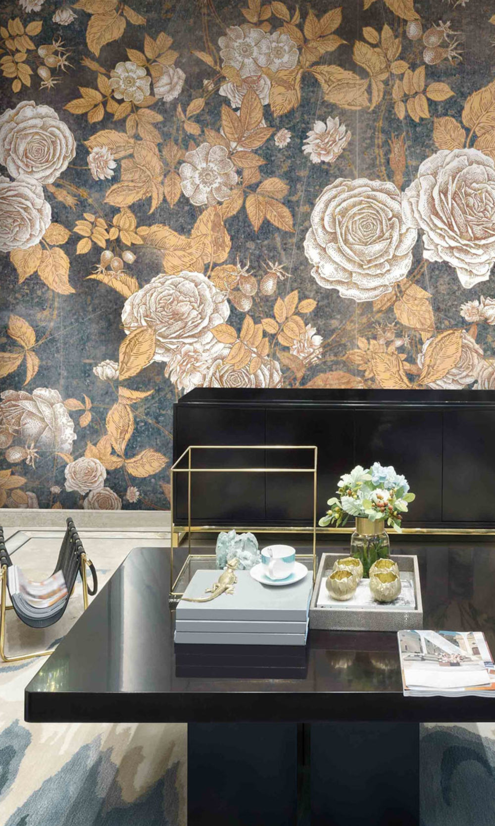 Gold & Blue English Roses Mural Wallpaper M1212