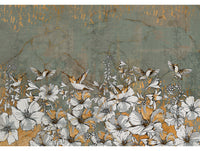 Gold & Green Branch with spring Flowers Mural Wallpaper M1208