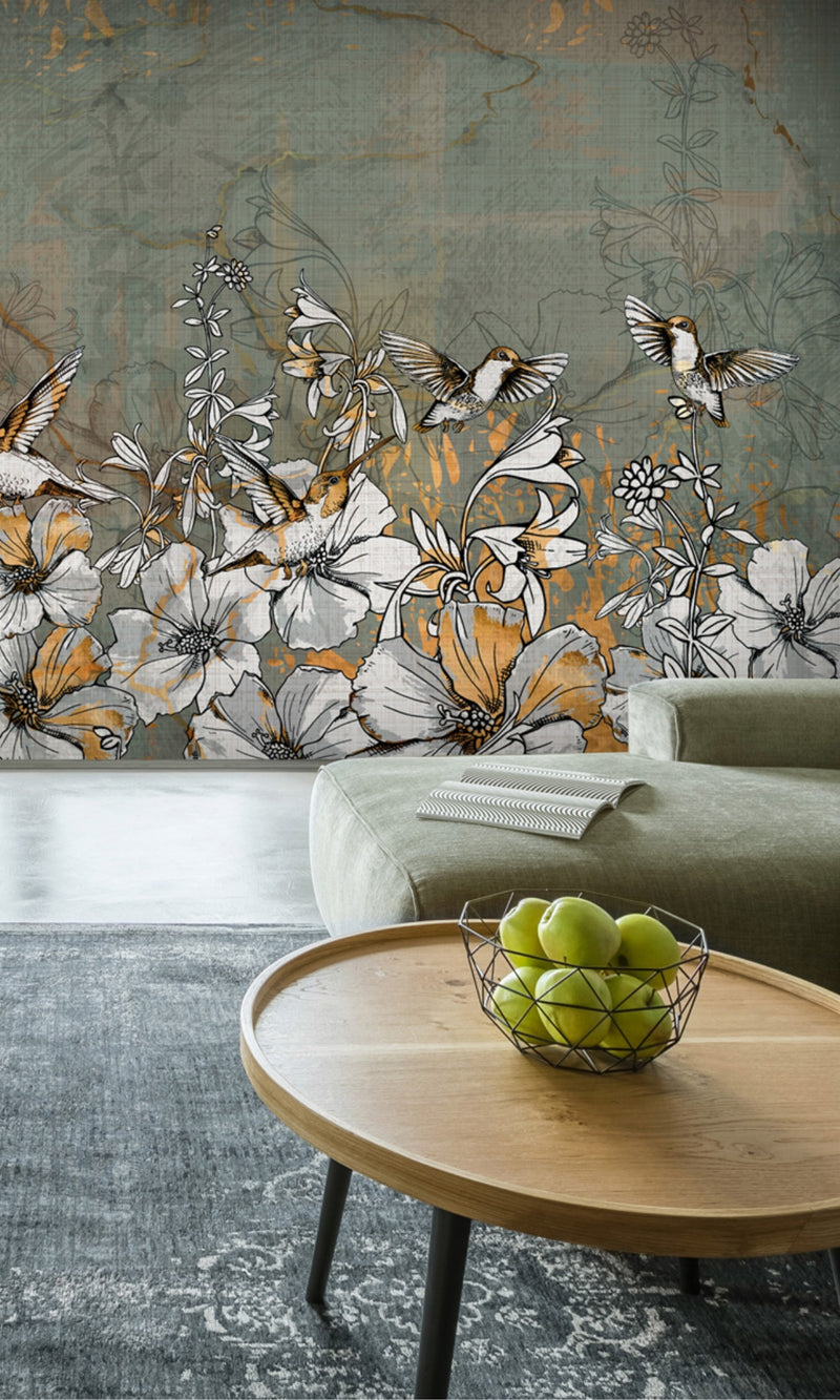 Gold & Green Branch with spring Flowers Mural Wallpaper M1208