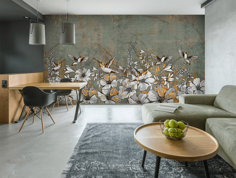 Gold & Green Branch with spring Flowers Mural Wallpaper M1208