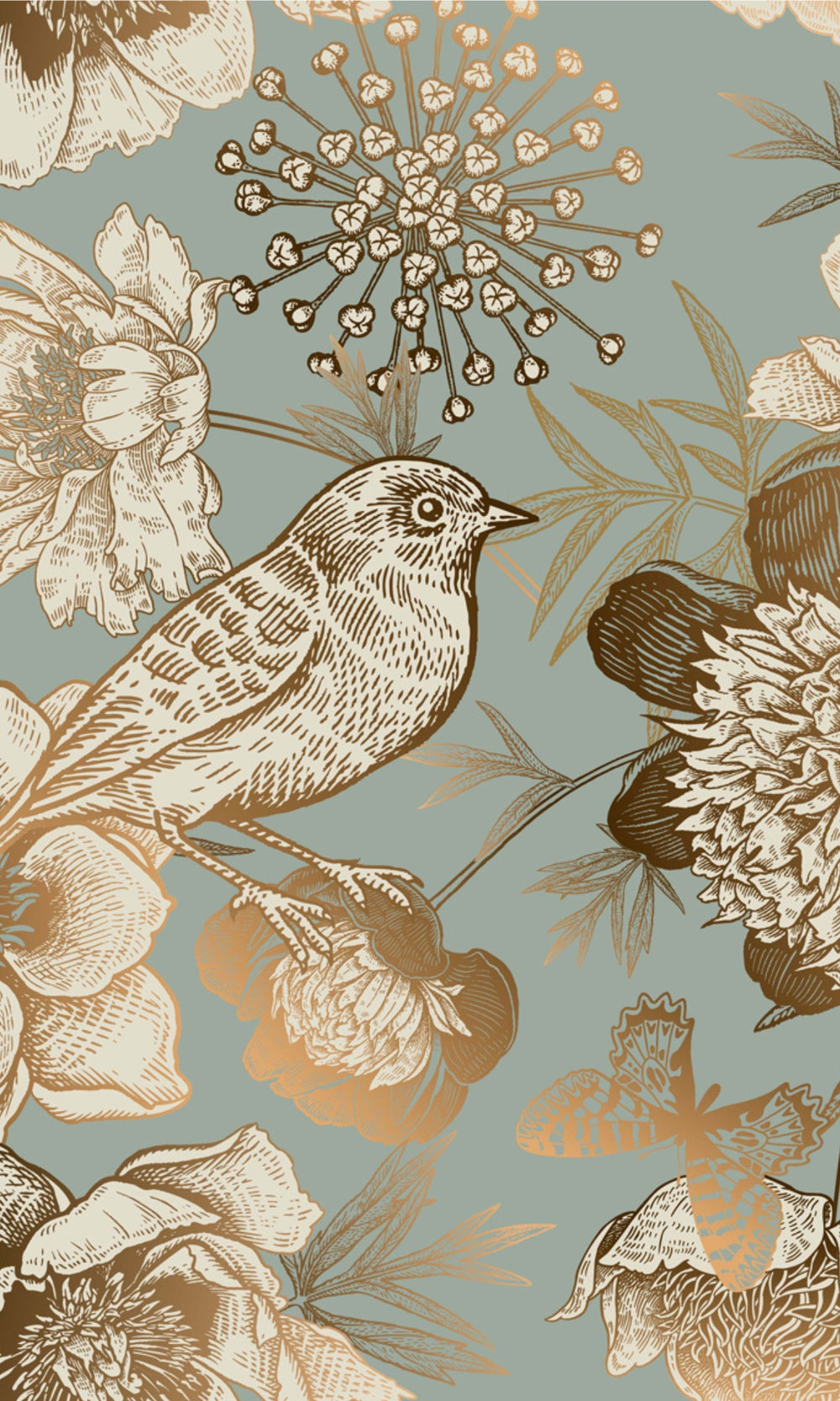 Gold & Green The bird Sings Mural Wallpaper M1169