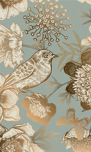 Gold & Green The bird Sings Mural Wallpaper M1169