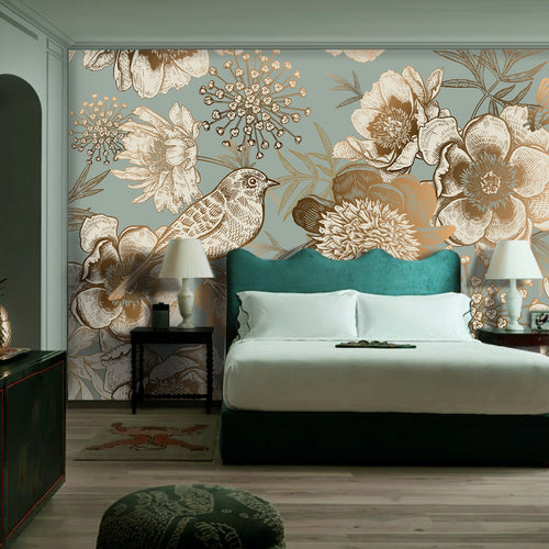 Gold & Green The bird Sings Mural Wallpaper M1169