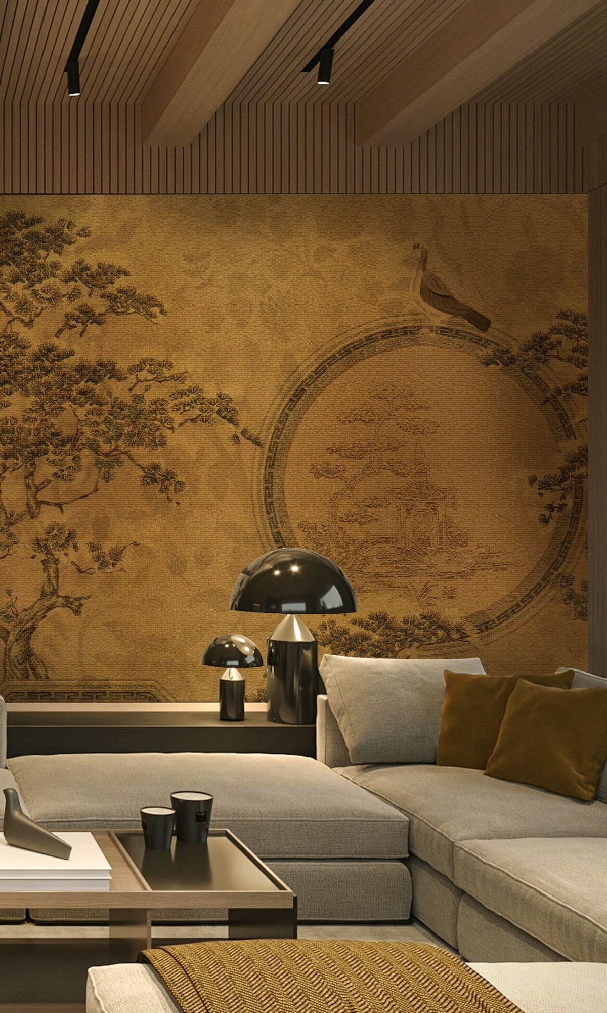 Golden Japanese Garden Mural Wallpaper M1445-Sample