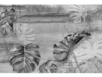 Gray Black and White Tropical Leaves on Concrete Mural Wallpaper M1223
