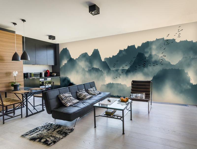 Gray Chinese Landscape Painting Mural Wallpaper M1366