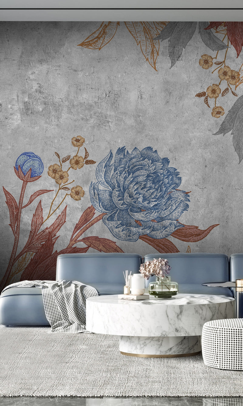 Gray Peonies Floral Mural Wallpaper M1206