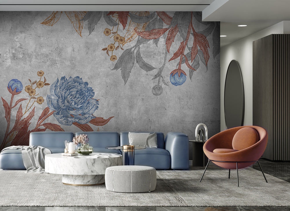 Gray Peonies Floral Mural Wallpaper M1206
