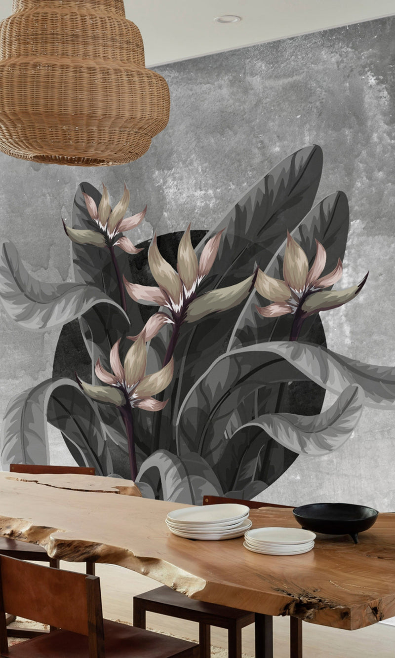 Gray Tropical flowers On Concrete Cement Mural Wallpaper M1225